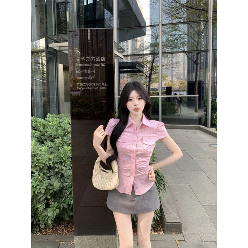 원본 원단 핑크색 스트라이프 반팔 여성 셔츠 여름 새로운 꼬집기 허리 자르기 몸매 가꾸기 다용도 맨위 이미지 4