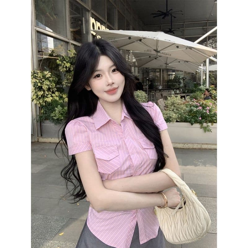 원본 원단 핑크색 스트라이프 반팔 여성 셔츠 여름 새로운 꼬집기 허리 자르기 몸매 가꾸기 다용도 맨위 상세 이미지 4