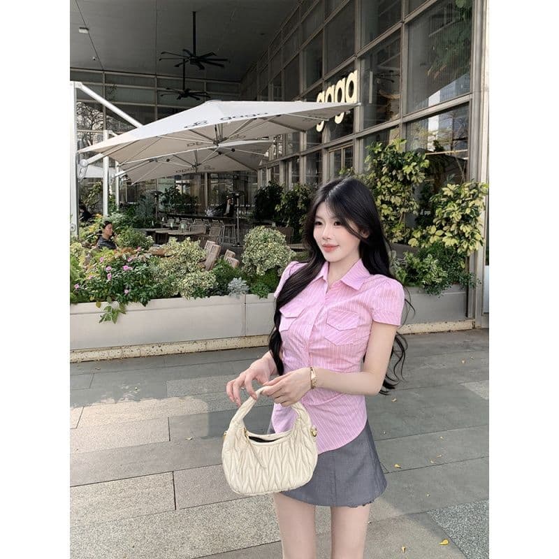 원본 원단 핑크색 스트라이프 반팔 여성 셔츠 여름 새로운 꼬집기 허리 자르기 몸매 가꾸기 다용도 맨위 상세 이미지 6