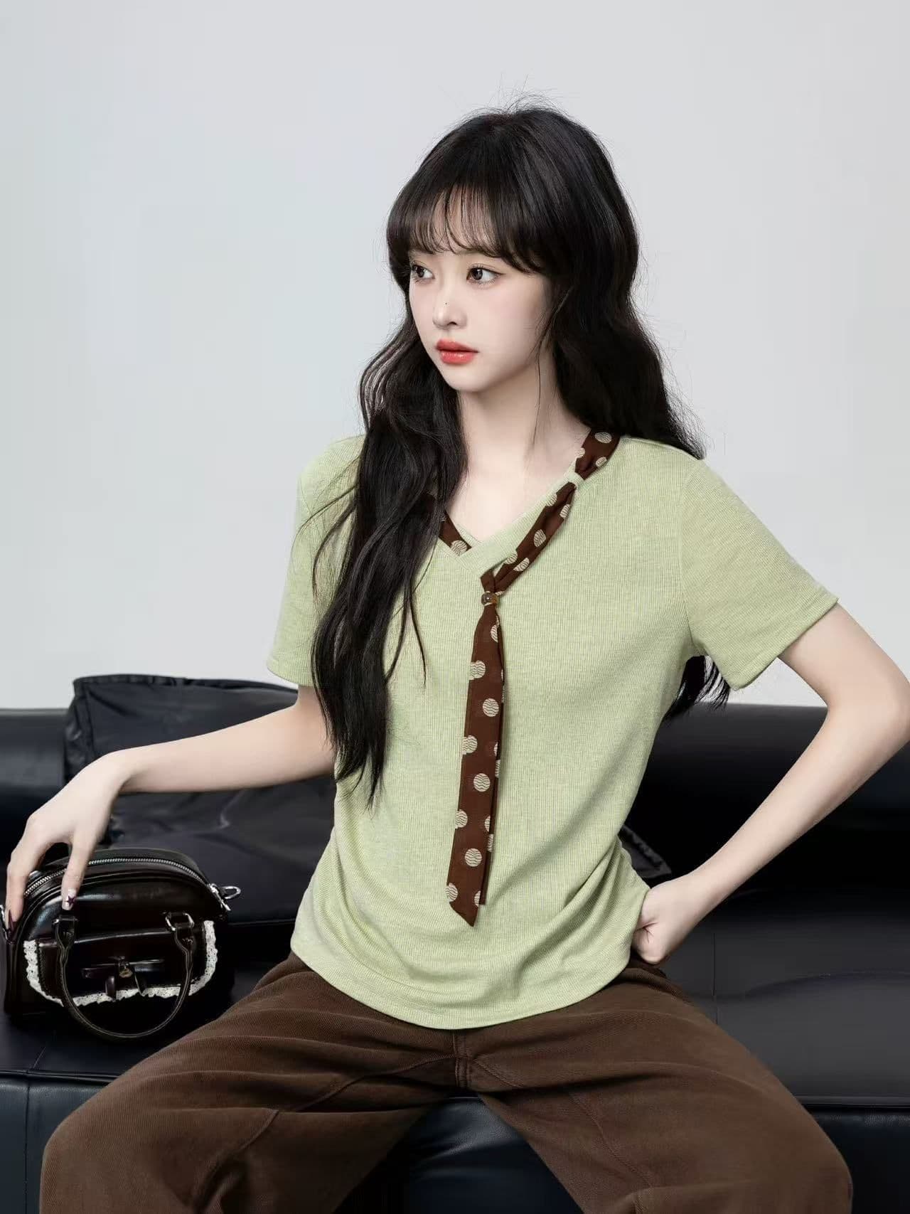 모달 V넥 반팔 티셔츠 여성 여름 스카프 넥타이 허리 수축 슬림해 보이는 긍정적 인 어깨 동정 맨위 트렌디 이미지 3