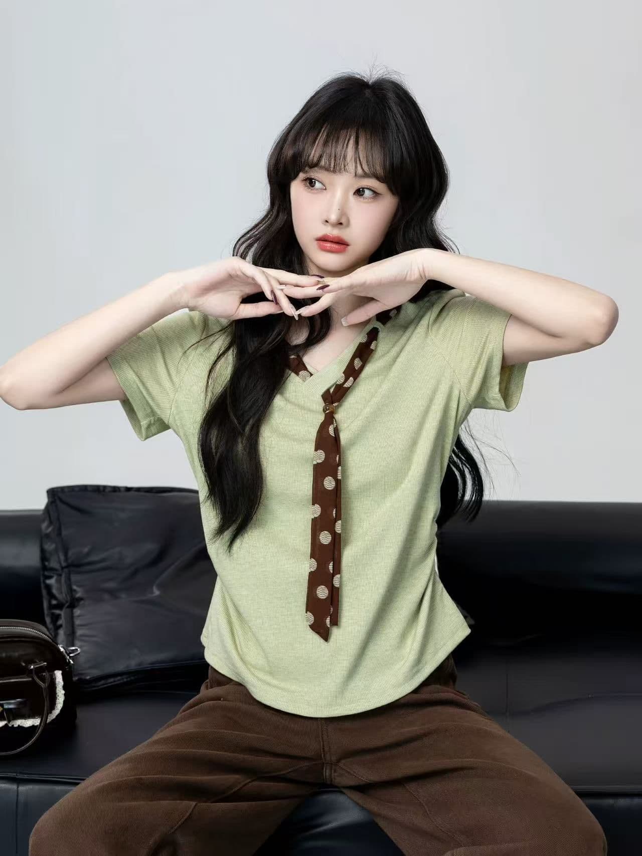 모달 V넥 반팔 티셔츠 여성 여름 스카프 넥타이 허리 수축 슬림해 보이는 긍정적 인 어깨 동정 맨위 트렌디 상세 이미지 1