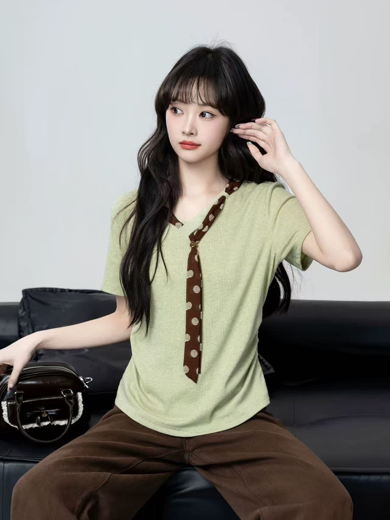 모달 V넥 반팔 티셔츠 여성 여름 스카프 넥타이 허리 수축 슬림해 보이는 긍정적 인 어깨 동정 맨위 트렌디 상세 이미지 2