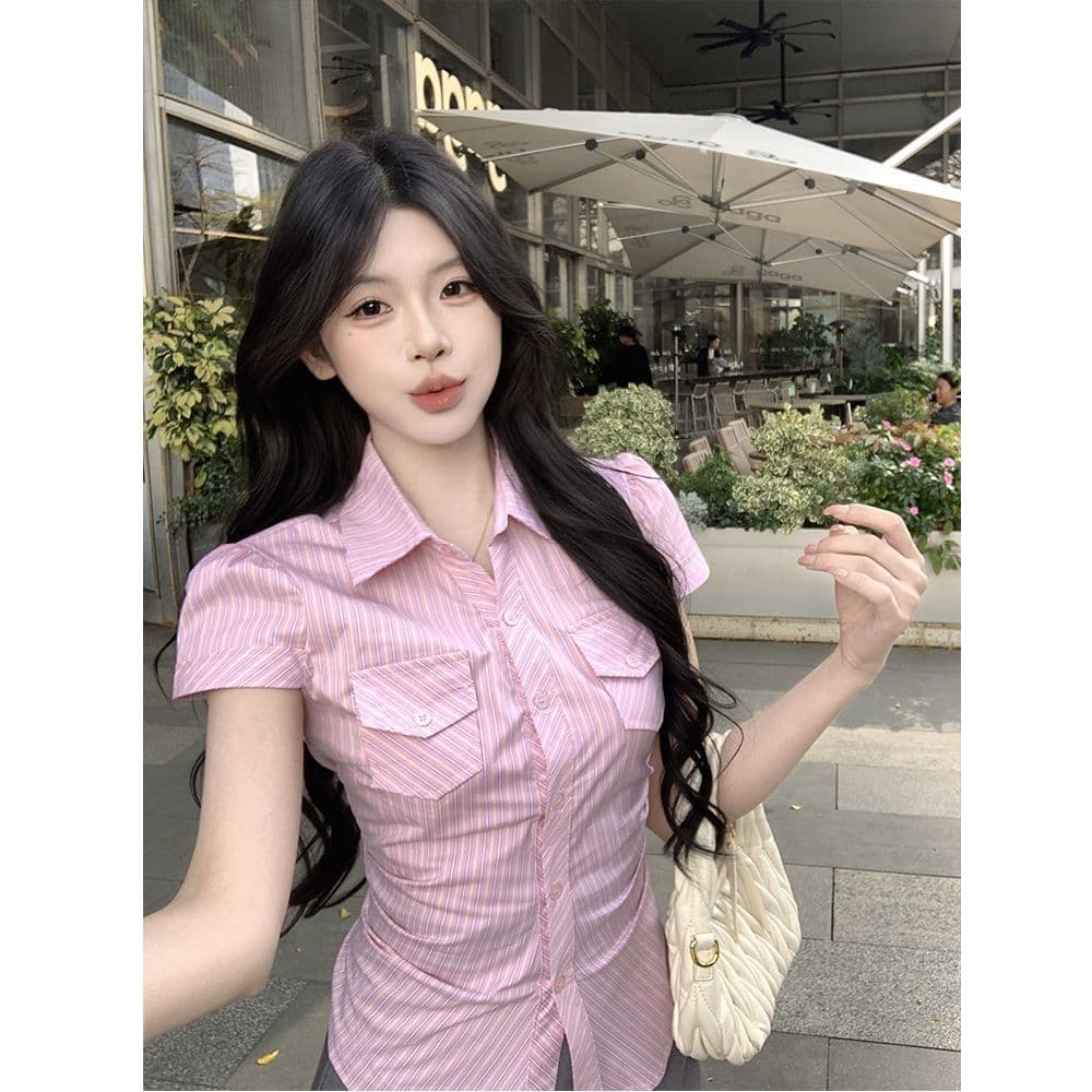 한 부서 꼬집기 허리 질감 센스 스트라이프 주머니 셔츠 긍정적 인 어깨 반팔 만나는 몸매 가꾸기 슬림해 보이는 품격 맨위 여성 작은 셔츠 이미지 3
