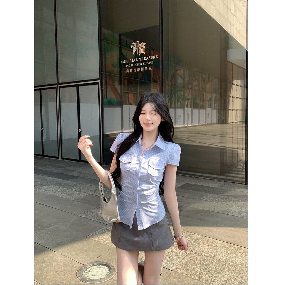 한 부서 꼬집기 허리 질감 센스 스트라이프 주머니 셔츠 긍정적 인 어깨 반팔 만나는 몸매 가꾸기 슬림해 보이는 품격 맨위 여성 작은 셔츠 이미지 2