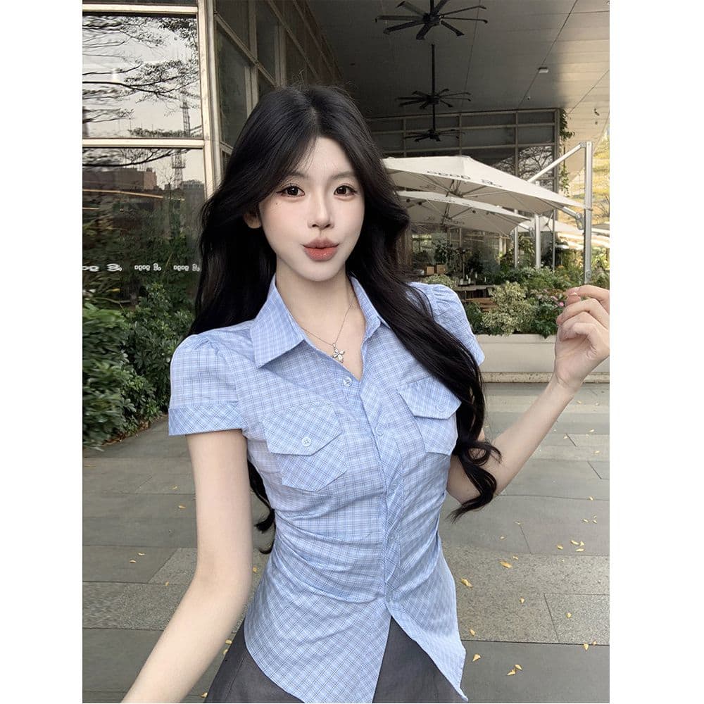 한 부서 꼬집기 허리 질감 센스 스트라이프 주머니 셔츠 긍정적 인 어깨 반팔 만나는 몸매 가꾸기 슬림해 보이는 품격 맨위 여성 작은 셔츠