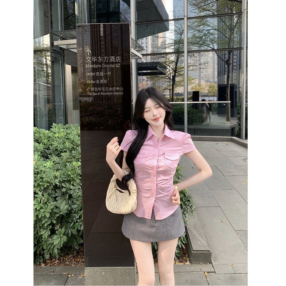 한 부서 꼬집기 허리 질감 센스 스트라이프 주머니 셔츠 긍정적 인 어깨 반팔 만나는 몸매 가꾸기 슬림해 보이는 품격 맨위 여성 작은 셔츠 이미지 4
