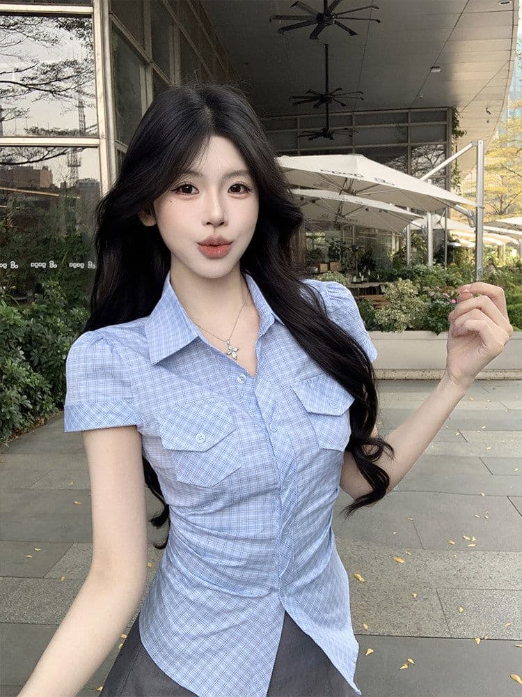 한 부서 꼬집기 허리 질감 센스 스트라이프 주머니 셔츠 긍정적 인 어깨 반팔 만나는 몸매 가꾸기 슬림해 보이는 품격 맨위 여성 작은 셔츠 상세 이미지 4
