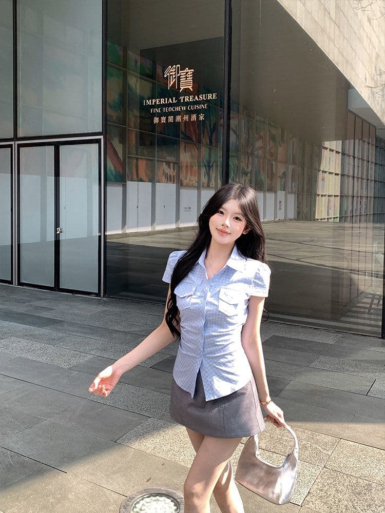 한 부서 꼬집기 허리 질감 센스 스트라이프 주머니 셔츠 긍정적 인 어깨 반팔 만나는 몸매 가꾸기 슬림해 보이는 품격 맨위 여성 작은 셔츠 상세 이미지 6