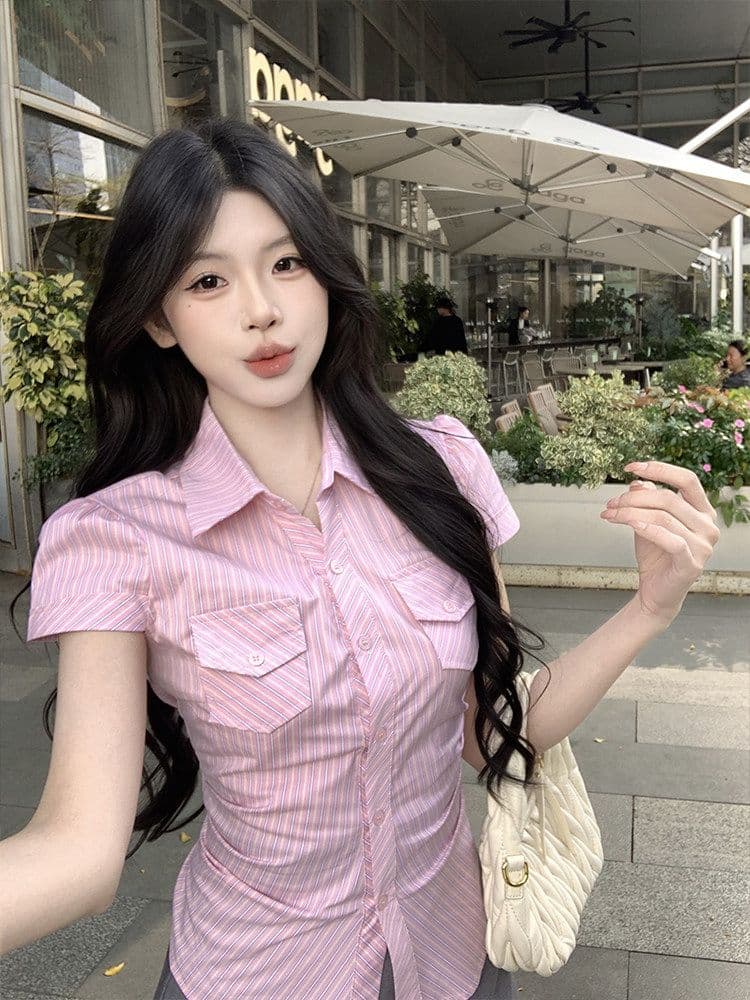 한 부서 꼬집기 허리 질감 센스 스트라이프 주머니 셔츠 긍정적 인 어깨 반팔 만나는 몸매 가꾸기 슬림해 보이는 품격 맨위 여성 작은 셔츠 상세 이미지 7