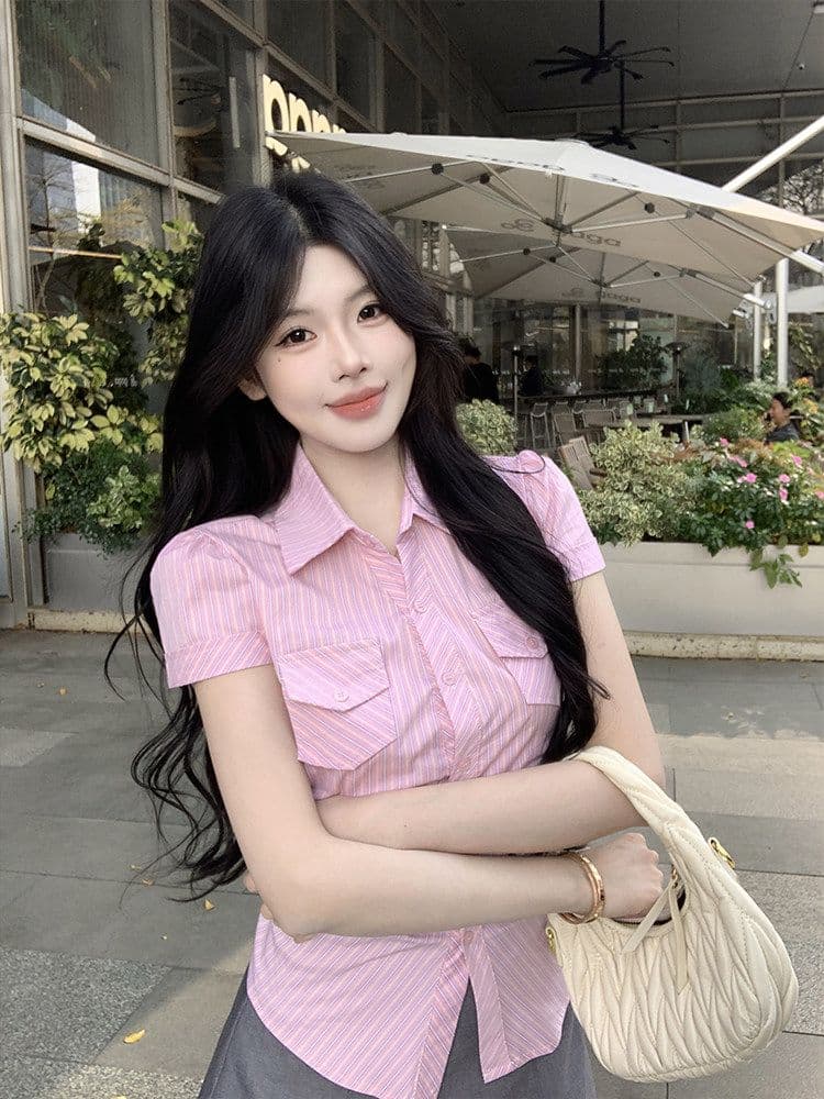 한 부서 꼬집기 허리 질감 센스 스트라이프 주머니 셔츠 긍정적 인 어깨 반팔 만나는 몸매 가꾸기 슬림해 보이는 품격 맨위 여성 작은 셔츠 상세 이미지 8