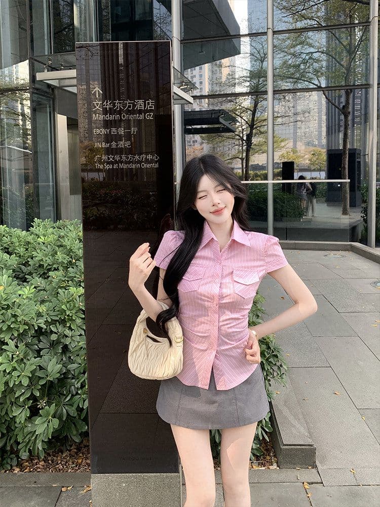 한 부서 꼬집기 허리 질감 센스 스트라이프 주머니 셔츠 긍정적 인 어깨 반팔 만나는 몸매 가꾸기 슬림해 보이는 품격 맨위 여성 작은 셔츠 상세 이미지 9