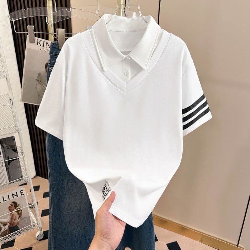 실사 220g 순면 여름 페이크 레이어드 POLO 셔츠 반팔 티셔츠 빅 사이즈 남녀 이미지 3
