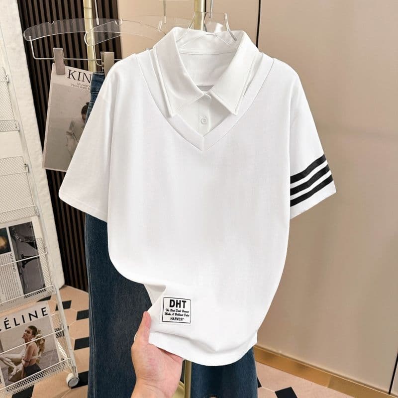 실사 220g 순면 여름 페이크 레이어드 POLO 셔츠 반팔 티셔츠 빅 사이즈 남녀 상세 이미지 13