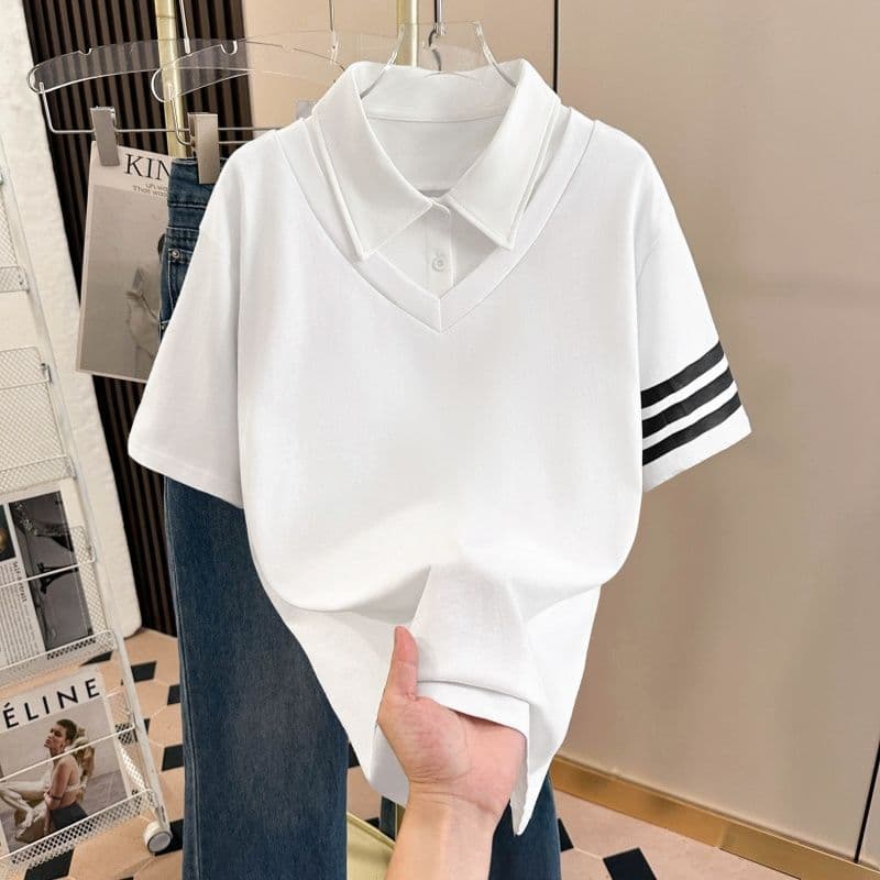 실사 220g 순면 여름 페이크 레이어드 POLO 셔츠 반팔 티셔츠 빅 사이즈 남녀 상세 이미지 15