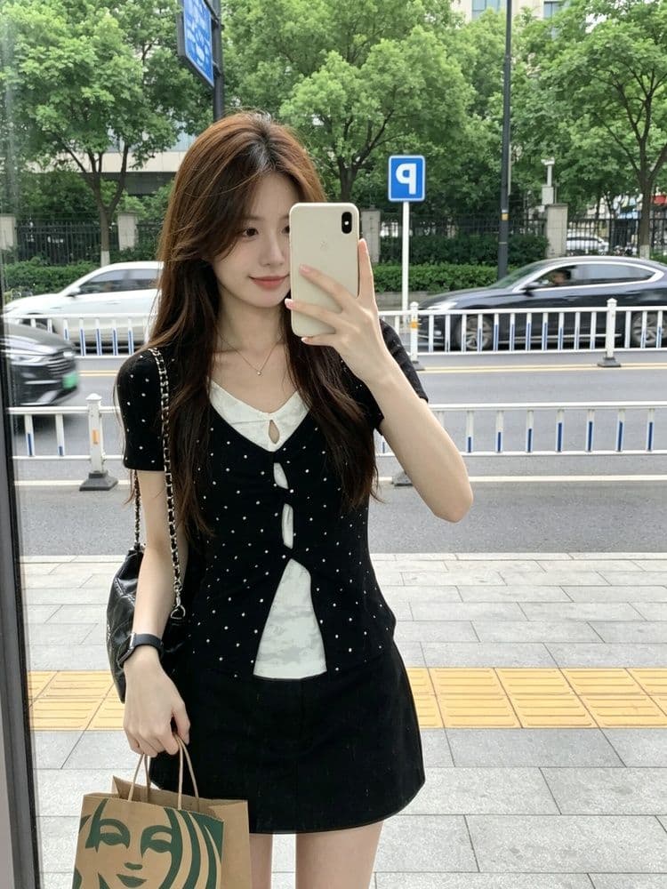 1 1 와 사고 방식 한 부서 핫걸 페이크 레이어드 도트 무늬 레이스 반팔 티셔츠 여성 여름 몸매 가꾸기 작은 대중 슬림해 보이는 맨위 상세 이미지 1