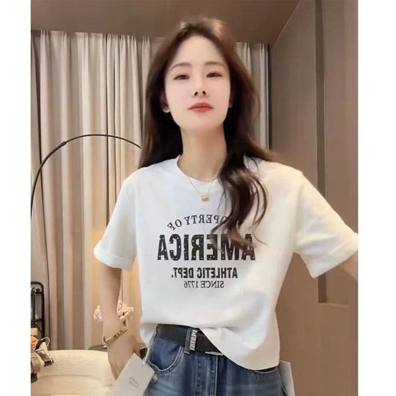 40 순면 한 부서 디자인 센스 알파벳 프린트 반팔 티셔츠 여성 2026 새로운 맨위 상세 이미지 3