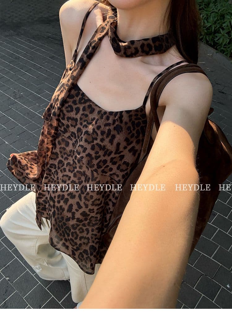 레오파드 무늬 핫걸 세련된 분위기 센스 슬림해 보이는 행침 목 리본 슬립 여성 여름 섹시함 민소매 허리 수축 맨위 조끼 상세 이미지 1