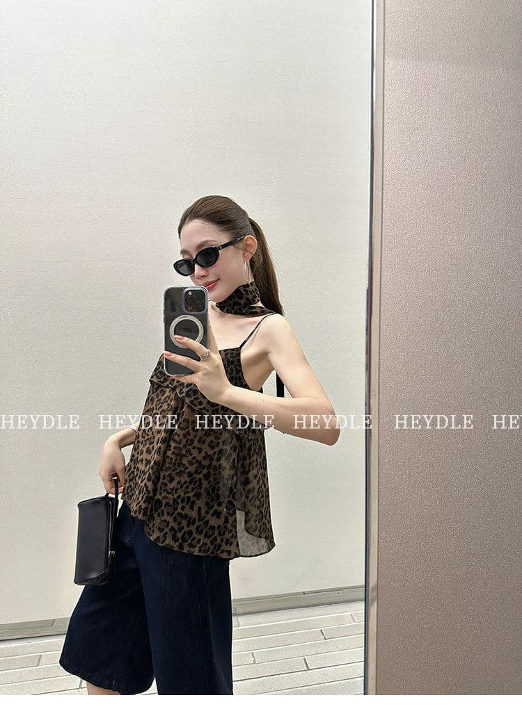 레오파드 무늬 핫걸 세련된 분위기 센스 슬림해 보이는 행침 목 리본 슬립 여성 여름 섹시함 민소매 허리 수축 맨위 조끼 상세 이미지 3