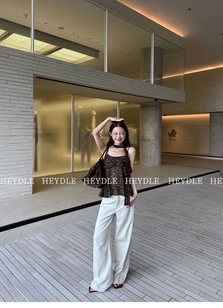 레오파드 무늬 핫걸 세련된 분위기 센스 슬림해 보이는 행침 목 리본 슬립 여성 여름 섹시함 민소매 허리 수축 맨위 조끼 상세 이미지 5
