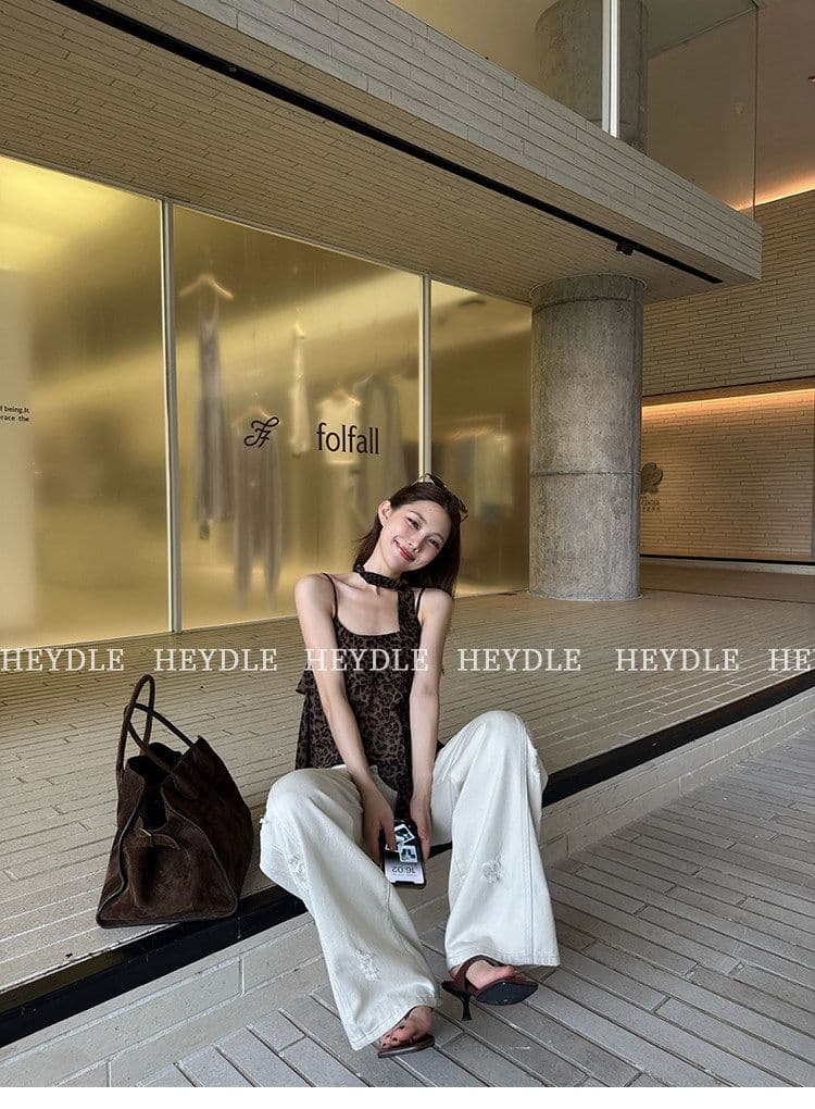 레오파드 무늬 핫걸 세련된 분위기 센스 슬림해 보이는 행침 목 리본 슬립 여성 여름 섹시함 민소매 허리 수축 맨위 조끼 상세 이미지 8