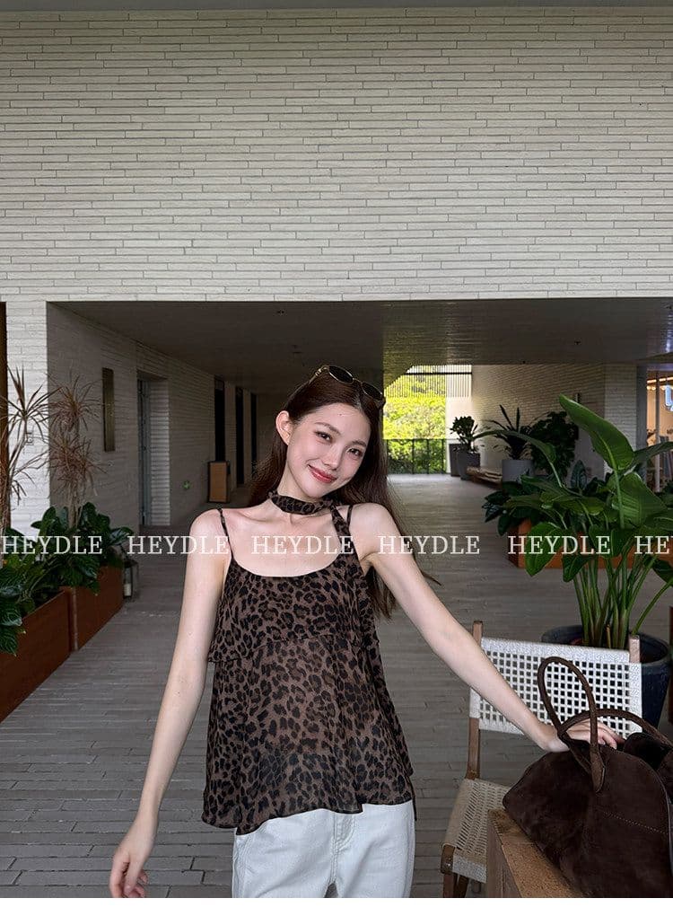 레오파드 무늬 핫걸 세련된 분위기 센스 슬림해 보이는 행침 목 리본 슬립 여성 여름 섹시함 민소매 허리 수축 맨위 조끼 상세 이미지 9