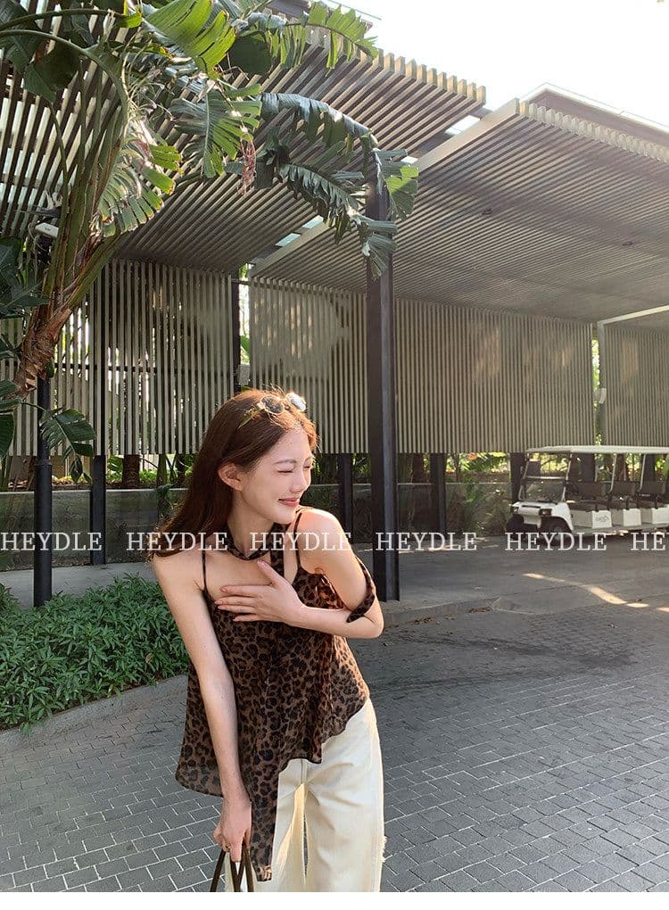 레오파드 무늬 핫걸 세련된 분위기 센스 슬림해 보이는 행침 목 리본 슬립 여성 여름 섹시함 민소매 허리 수축 맨위 조끼 상세 이미지 12