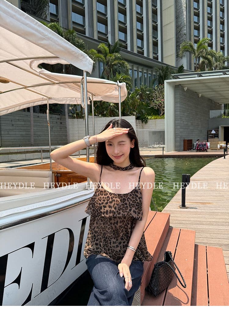 레오파드 무늬 핫걸 세련된 분위기 센스 슬림해 보이는 행침 목 리본 슬립 여성 여름 섹시함 민소매 허리 수축 맨위 조끼 상세 이미지 16