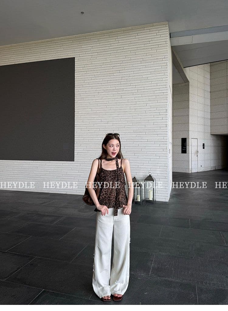 레오파드 무늬 핫걸 세련된 분위기 센스 슬림해 보이는 행침 목 리본 슬립 여성 여름 섹시함 민소매 허리 수축 맨위 조끼 상세 이미지 19