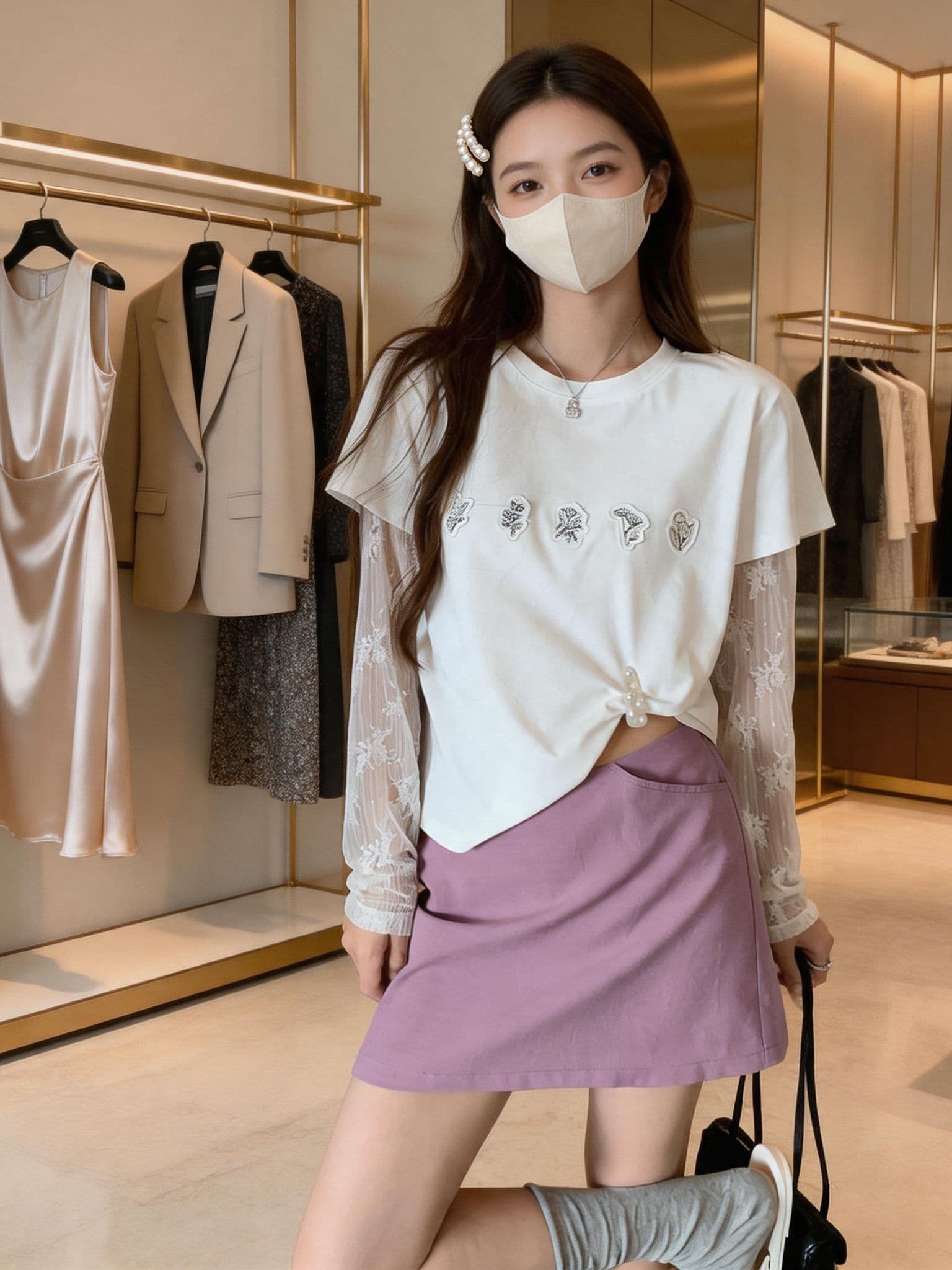 순면 더블 실 작은 대중 춤 레이스 조각 패치 자수 디자인 센스 페이크 레이어드 긴팔 티셔츠 여성 화이트 맨위 여름