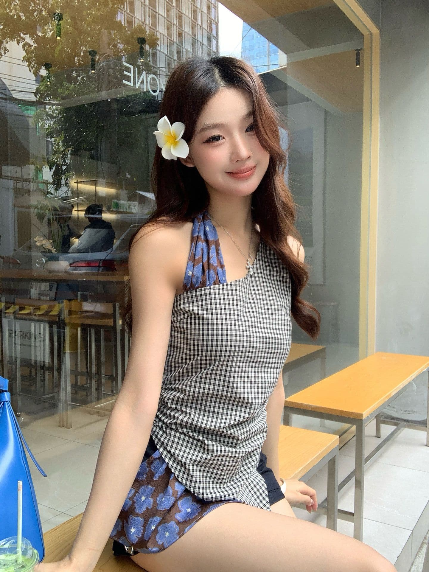 캐미솔 여름 외출용 아름다움 뒤로 체크무늬 디자인 센스 고유 한 아름다운 몸매 가꾸기 민소매 행침 목 작은 대중 맨위 이미지 3