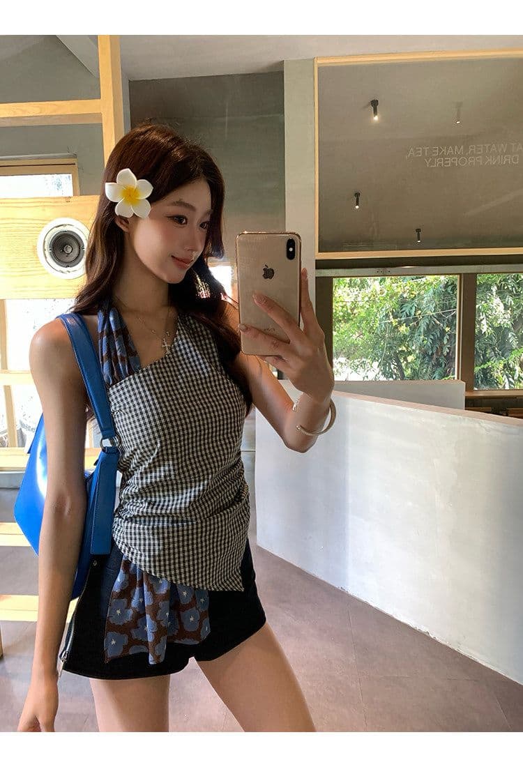 캐미솔 여름 외출용 아름다움 뒤로 체크무늬 디자인 센스 고유 한 아름다운 몸매 가꾸기 민소매 행침 목 작은 대중 맨위 상세 이미지 2