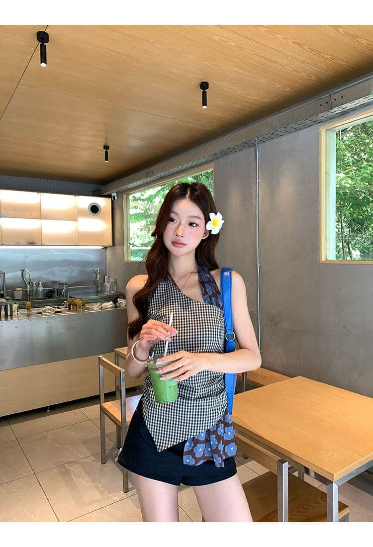 캐미솔 여름 외출용 아름다움 뒤로 체크무늬 디자인 센스 고유 한 아름다운 몸매 가꾸기 민소매 행침 목 작은 대중 맨위 상세 이미지 7