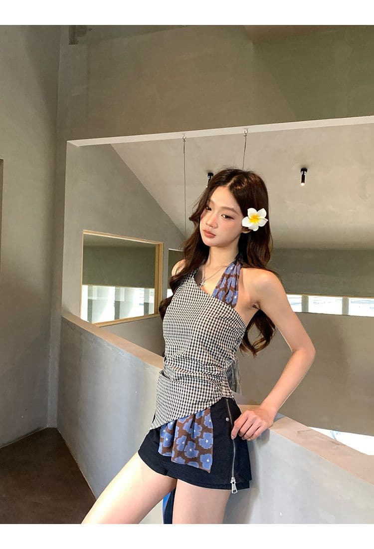 캐미솔 여름 외출용 아름다움 뒤로 체크무늬 디자인 센스 고유 한 아름다운 몸매 가꾸기 민소매 행침 목 작은 대중 맨위 상세 이미지 13