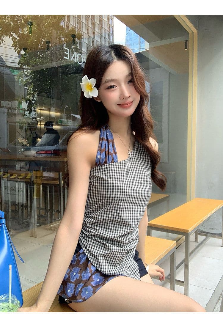캐미솔 여름 외출용 아름다움 뒤로 체크무늬 디자인 센스 고유 한 아름다운 몸매 가꾸기 민소매 행침 목 작은 대중 맨위 상세 이미지 14