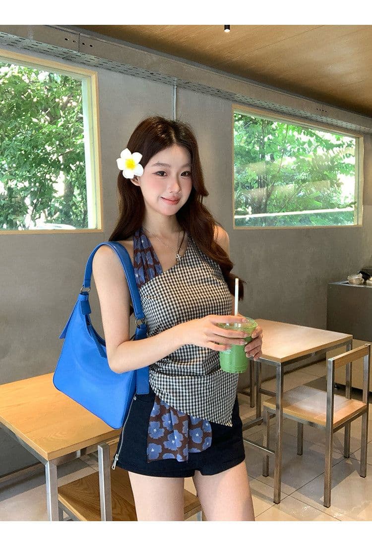캐미솔 여름 외출용 아름다움 뒤로 체크무늬 디자인 센스 고유 한 아름다운 몸매 가꾸기 민소매 행침 목 작은 대중 맨위 상세 이미지 17