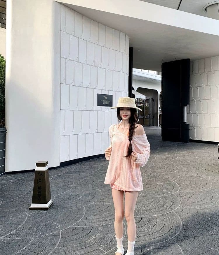 한국 스타일 순수한 욕망 바람 스트라이프 자외선 차단 블라우스 긴팔 티셔츠 여성 디자인 센스 작은 대중 캐미솔 투피스 세트 맨위 상세 이미지 2