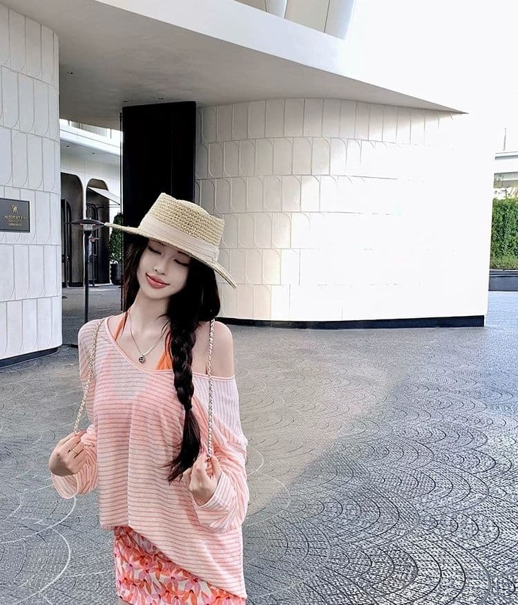 한국 스타일 순수한 욕망 바람 스트라이프 자외선 차단 블라우스 긴팔 티셔츠 여성 디자인 센스 작은 대중 캐미솔 투피스 세트 맨위 상세 이미지 4