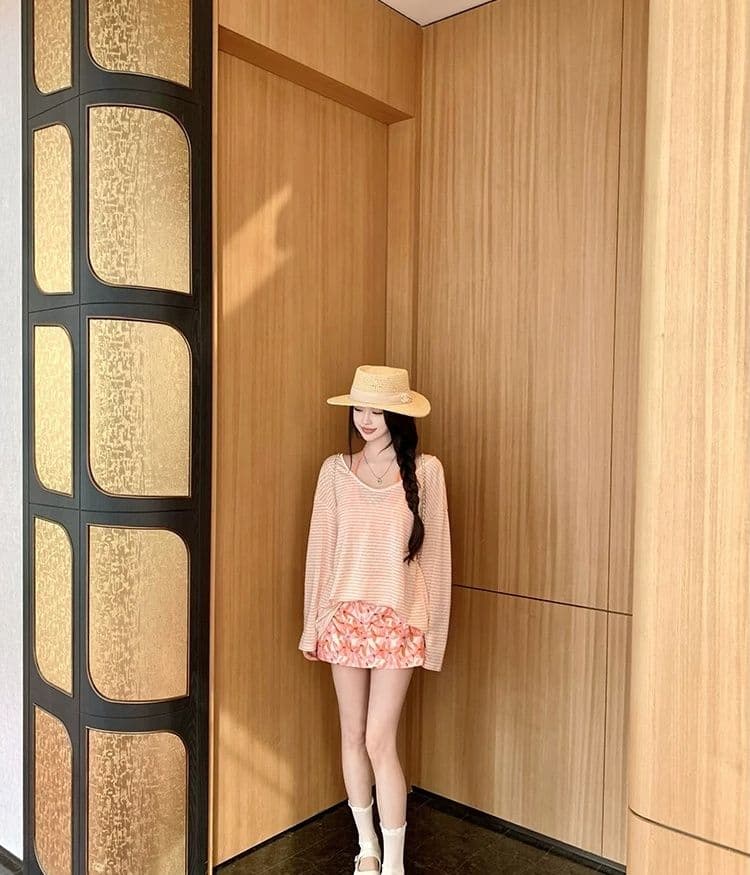 한국 스타일 순수한 욕망 바람 스트라이프 자외선 차단 블라우스 긴팔 티셔츠 여성 디자인 센스 작은 대중 캐미솔 투피스 세트 맨위 상세 이미지 8