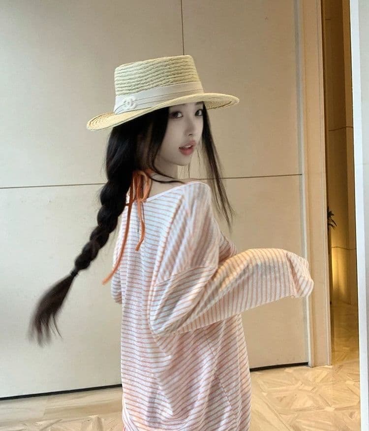 한국 스타일 순수한 욕망 바람 스트라이프 자외선 차단 블라우스 긴팔 티셔츠 여성 디자인 센스 작은 대중 캐미솔 투피스 세트 맨위 상세 이미지 13