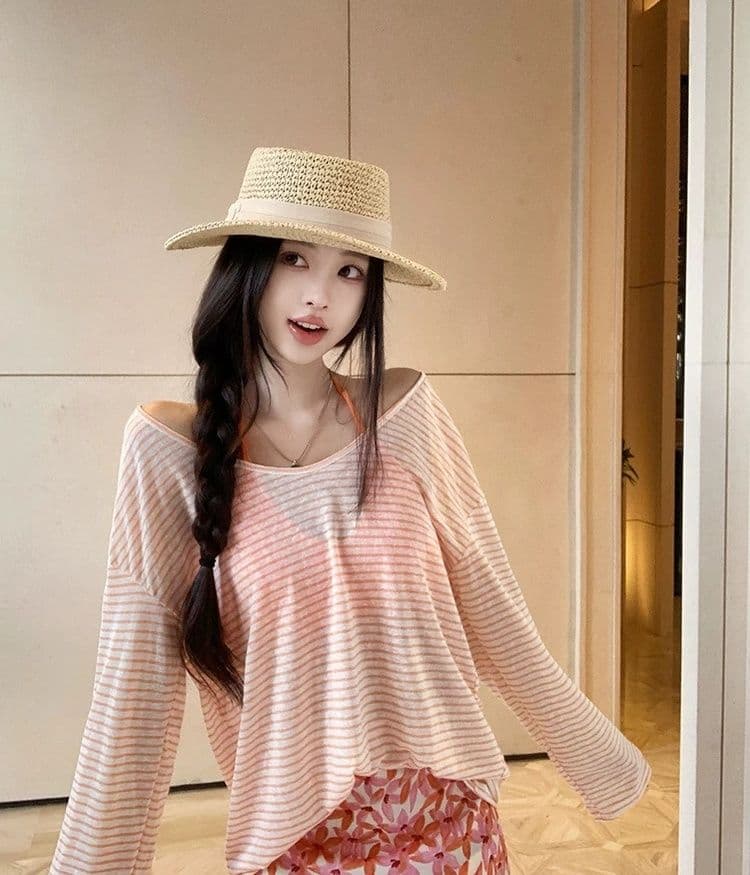 한국 스타일 순수한 욕망 바람 스트라이프 자외선 차단 블라우스 긴팔 티셔츠 여성 디자인 센스 작은 대중 캐미솔 투피스 세트 맨위 상세 이미지 15