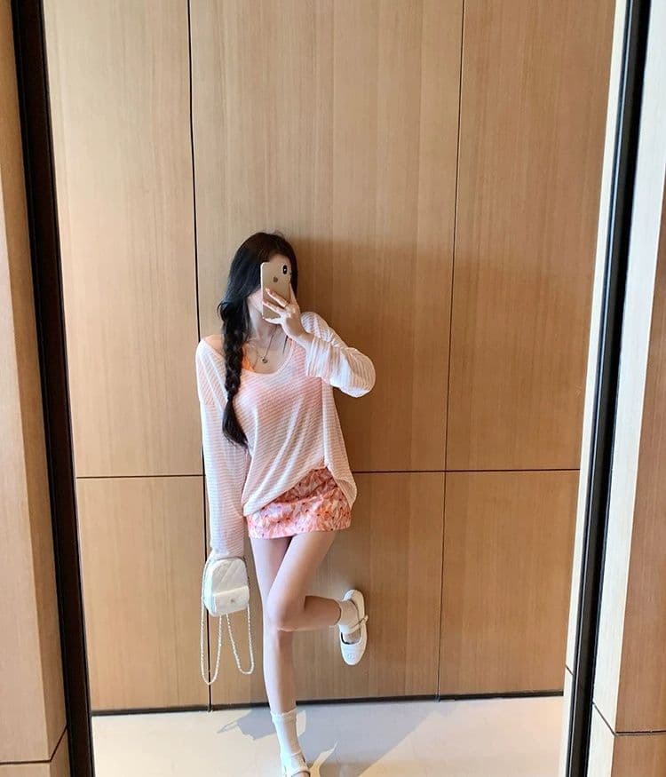 한국 스타일 순수한 욕망 바람 스트라이프 자외선 차단 블라우스 긴팔 티셔츠 여성 디자인 센스 작은 대중 캐미솔 투피스 세트 맨위 상세 이미지 20