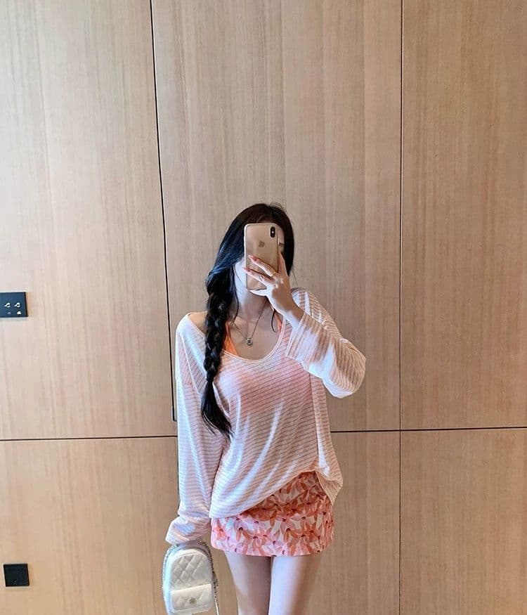 한국 스타일 순수한 욕망 바람 스트라이프 자외선 차단 블라우스 긴팔 티셔츠 여성 디자인 센스 작은 대중 캐미솔 투피스 세트 맨위 상세 이미지 21