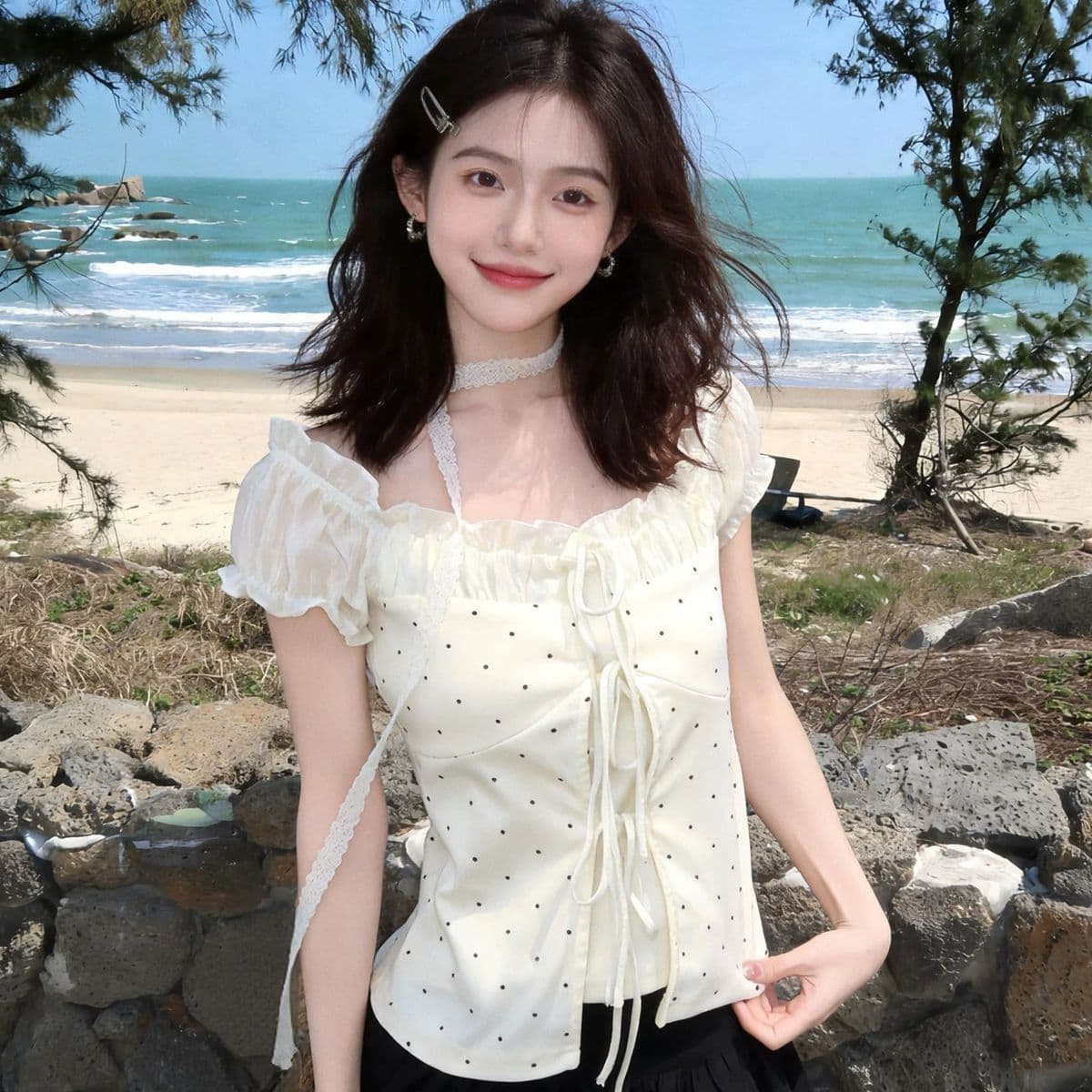 부드러운 바람 디자인 센스 살구 색상 페이크 레이어드 스트랩 여성 2026 여름 새로운 프랑스식 품격 작은 대중 다용도 맨위 이미지 4