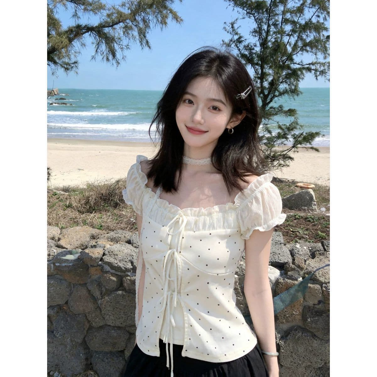 부드러운 바람 디자인 센스 살구 색상 페이크 레이어드 스트랩 여성 2026 여름 새로운 프랑스식 품격 작은 대중 다용도 맨위 상세 이미지 3