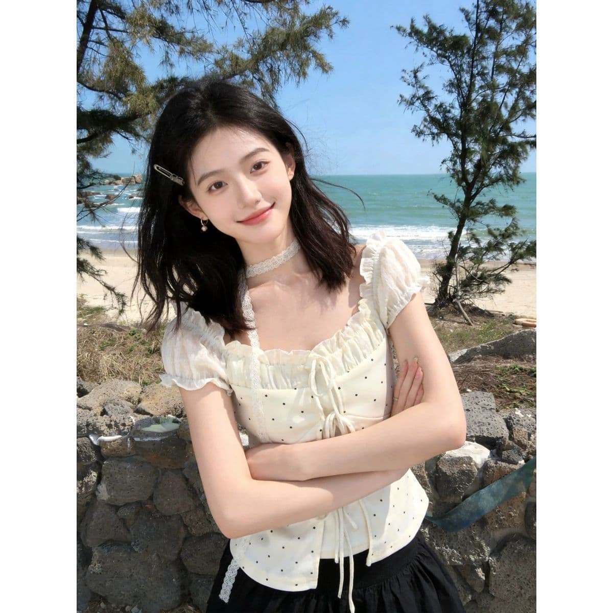 부드러운 바람 디자인 센스 살구 색상 페이크 레이어드 스트랩 여성 2026 여름 새로운 프랑스식 품격 작은 대중 다용도 맨위 상세 이미지 4