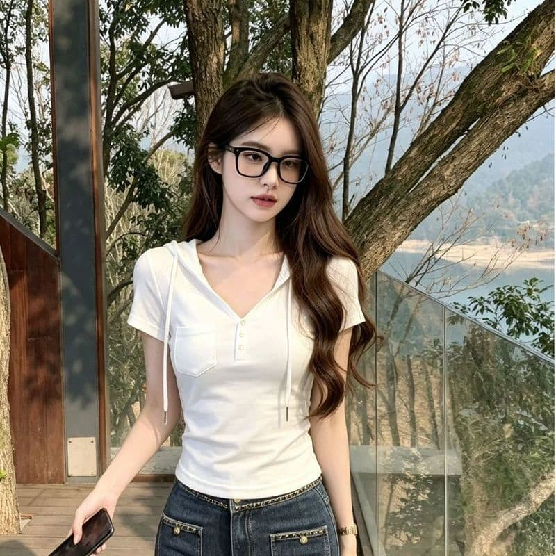 260 그램 사람들 면 1 1 후드 V넥 반팔 티셔츠 여성 의류 여름 얇은 스타일 맨위 이미지 3