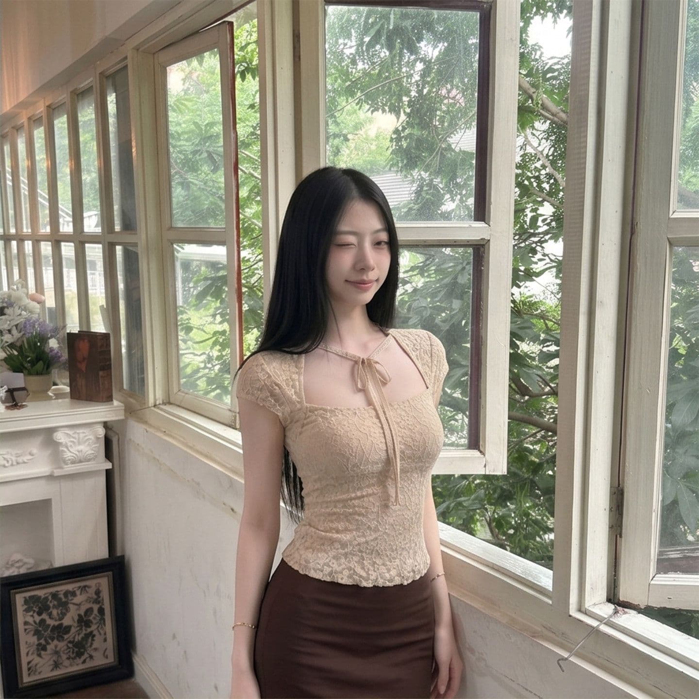 프랑스식 품격 부서 벨트 측면 칼라 반팔 레이스 작은 셔츠 여성 여름 새로운 몸매 가꾸기 슬림해 보이는 자이언트 잘 생긴 품격 맨위 이미지 3