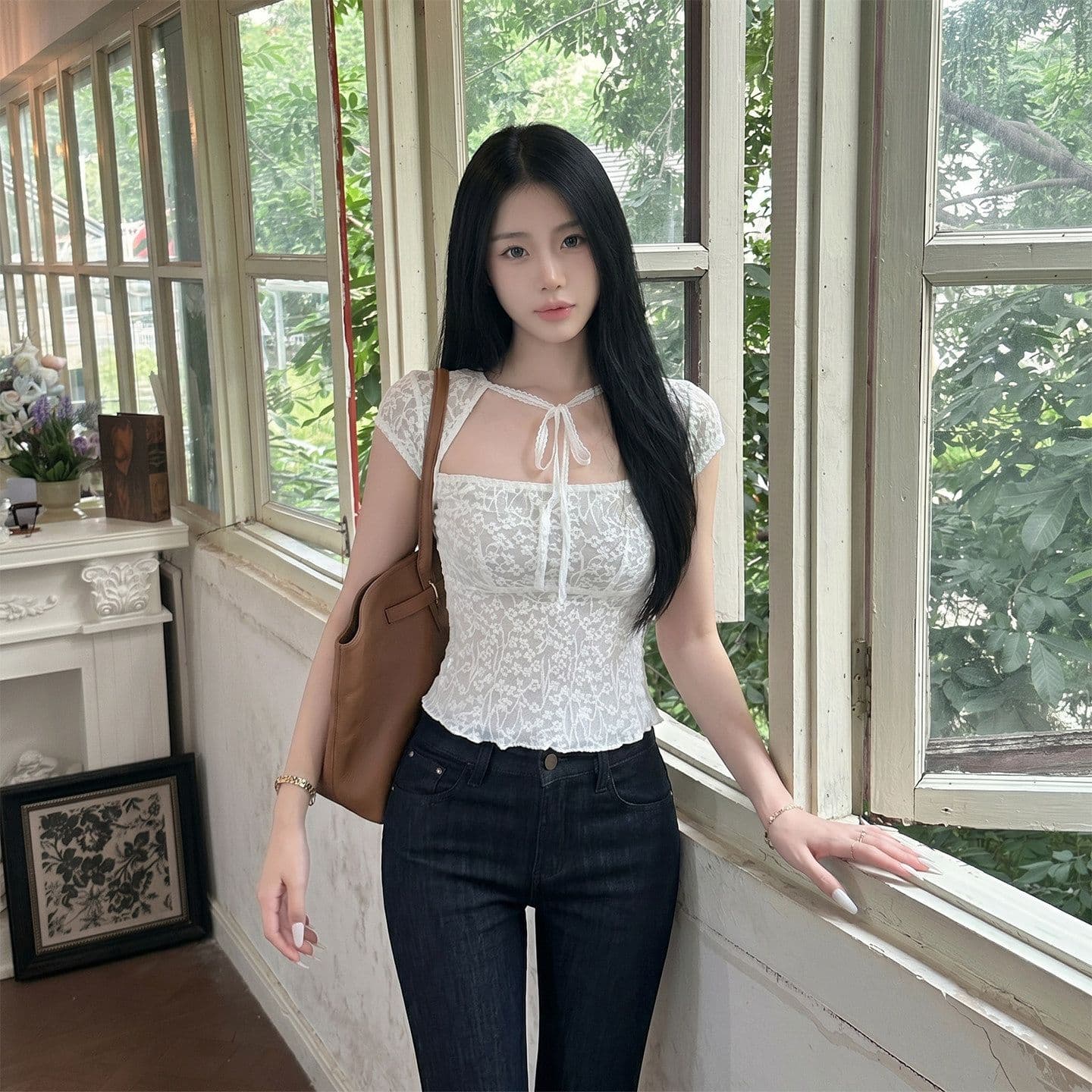 프랑스식 품격 부서 벨트 측면 칼라 반팔 레이스 작은 셔츠 여성 여름 새로운 몸매 가꾸기 슬림해 보이는 자이언트 잘 생긴 품격 맨위 이미지 4