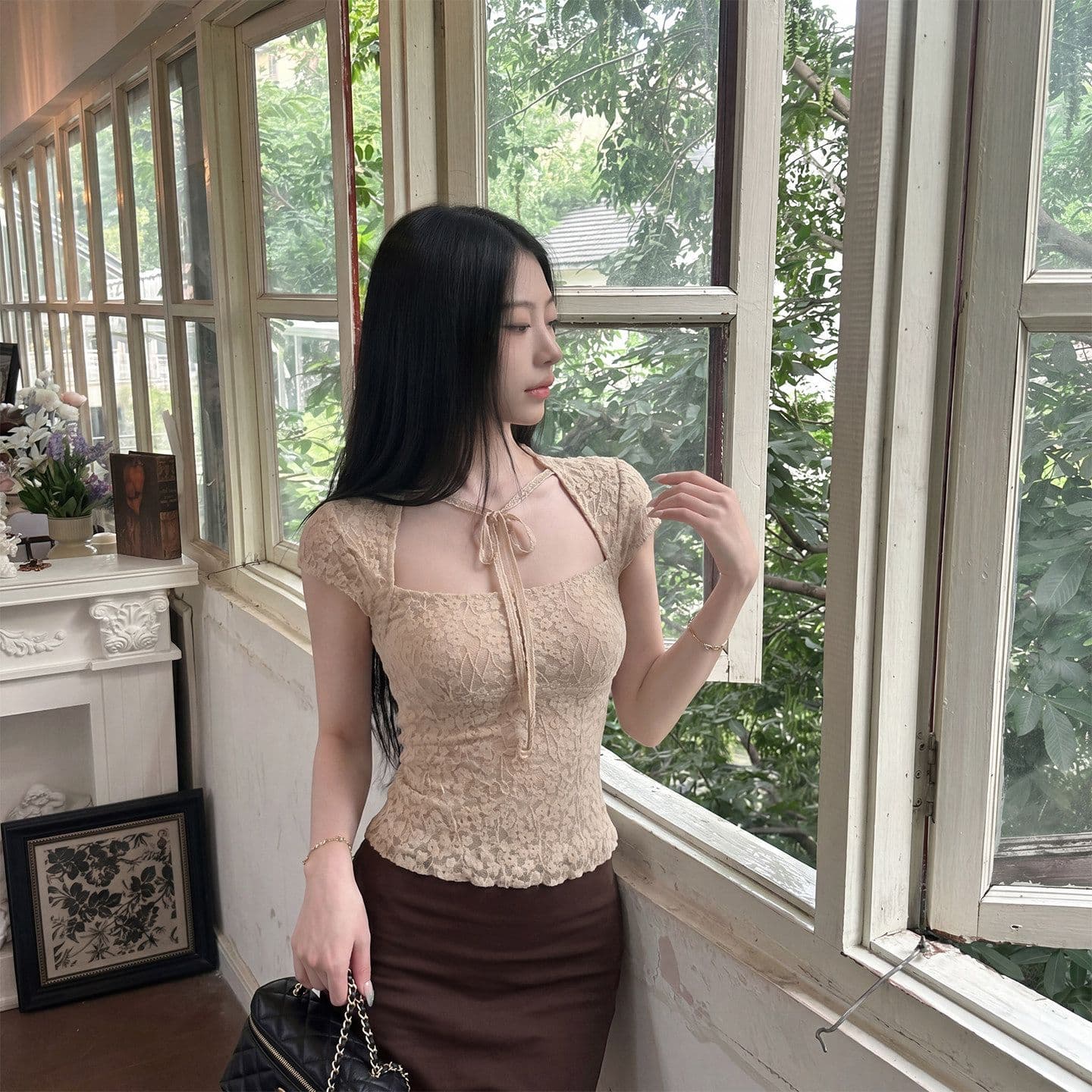 프랑스식 품격 부서 벨트 측면 칼라 반팔 레이스 작은 셔츠 여성 여름 새로운 몸매 가꾸기 슬림해 보이는 자이언트 잘 생긴 품격 맨위 상세 이미지 4