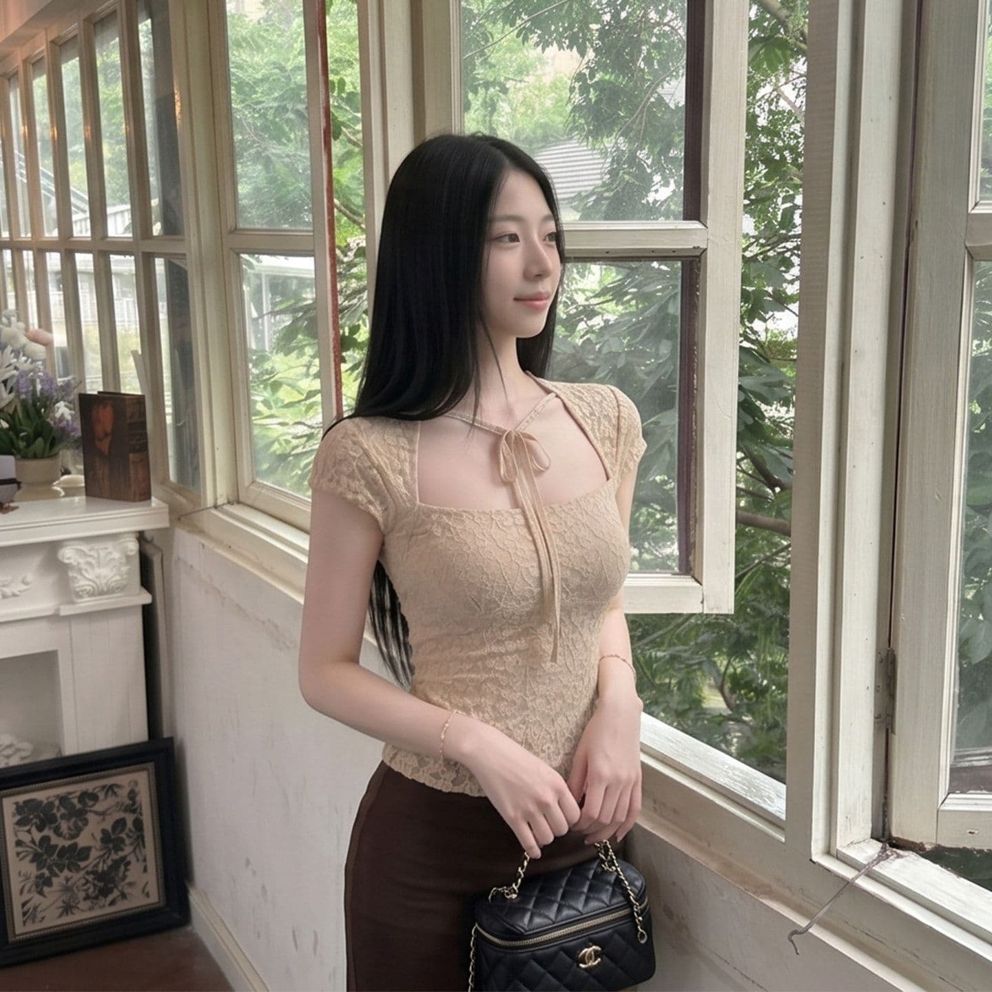 프랑스식 품격 부서 벨트 측면 칼라 반팔 레이스 작은 셔츠 여성 여름 새로운 몸매 가꾸기 슬림해 보이는 자이언트 잘 생긴 품격 맨위 상세 이미지 6